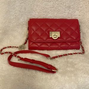 DKNY.  Red Quilted Leather Clutch with Removable Shoulder Strap